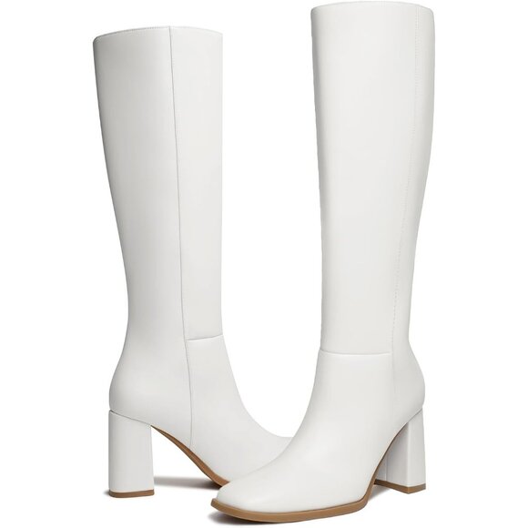 Women's Faux Leather White Square Toe Side Zipper Chunky Heel Knee High Boots - Picture 4 of 6